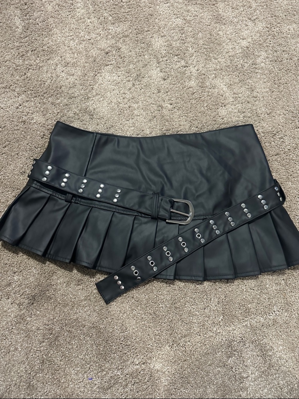 Black Pleated Faux Leather Mini Skirt